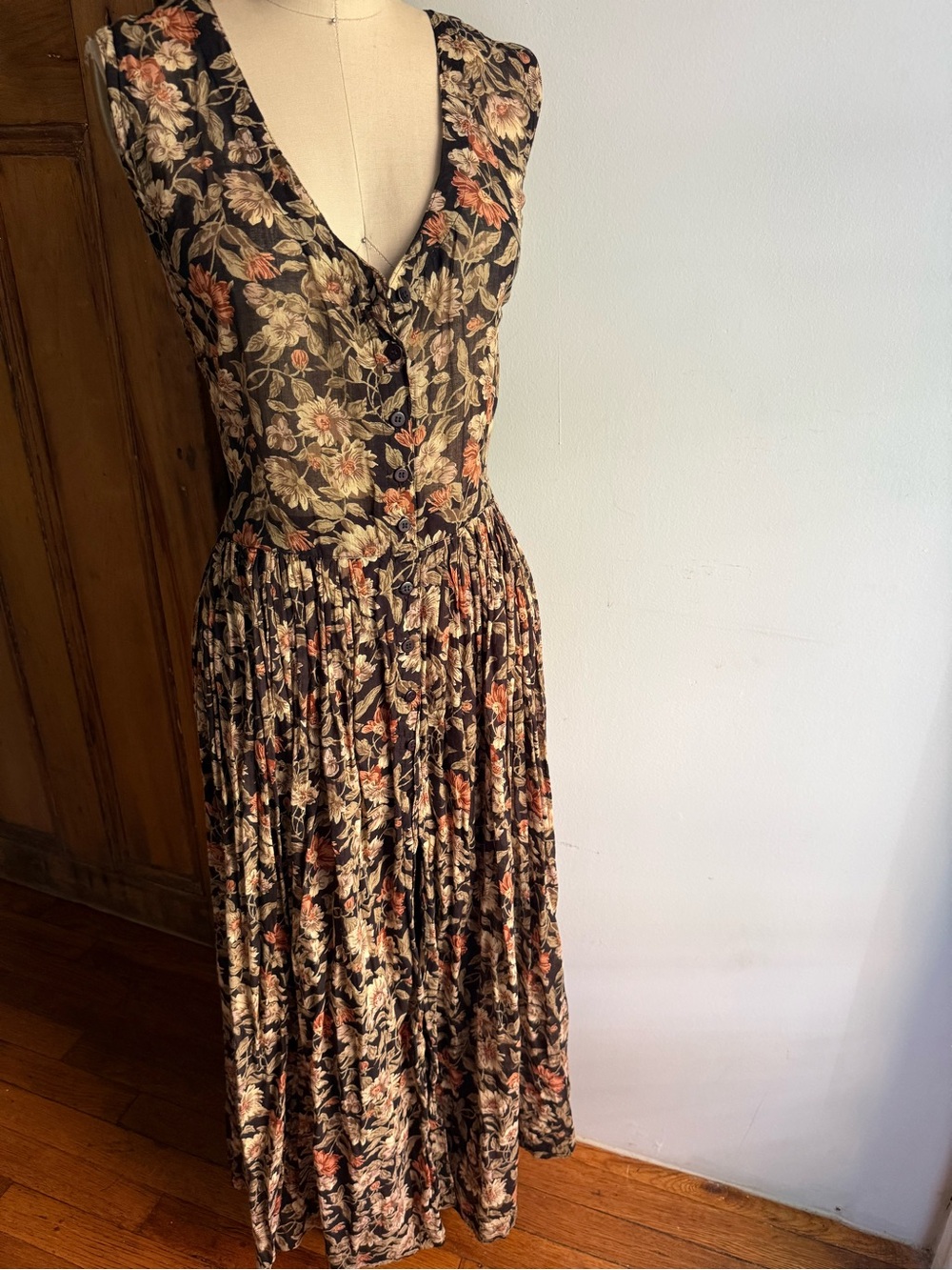 Vintage Sheer Cotton Floral A-Line Maxi Dress Romantic Prairie Cottagecore